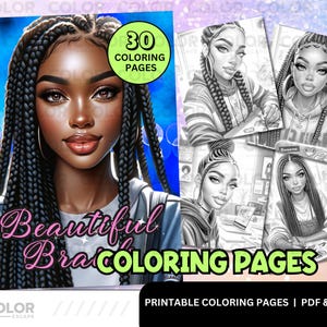 Black Women Braids Coloring Pages | African American Braid Hairstyles | Printable Adult Coloring Pages | Download Grayscale Illustration