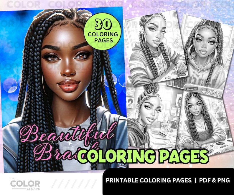 Black Women Braids Coloring Pages | African American Braid Hairstyles | Printable Adult Coloring Pages | Download Grayscale Illustration image 1