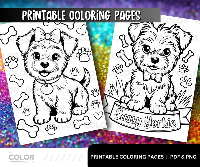 May include: Two printable coloring pages featuring adorable Yorkshire Terrier puppies. One puppy has a bow, the other a bow tie. Both pages include paw prints, bones, and hearts. The text "Printable Coloring Pages" is at the top.