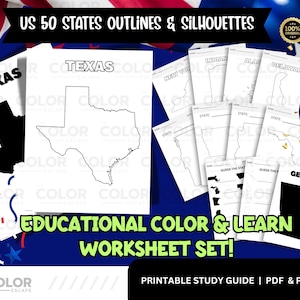 Może przedstawiać: Zestaw edukacyjnych arkuszy z konturami i sylwetkami 50 stanów USA. Arkusze zawierają nazwy i kontury stanów, z konturem Teksasu. Przeznaczony do kolorowania i nauki, dostępny w formatach PDF i PNG.