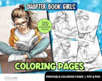 Girls Reading Books Coloring Pages | Cute Kids Printable Coloring Book |  White Girls Reading with Glasses | Summer Activity | Simple Color