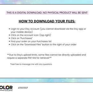 Pu&ograve; includere: Un foglio informativo per il download digitale con sfondo azzurro chiaro e testo bianco. Il testo fornisce istruzioni su come scaricare file da Etsy, tra cui l'accesso, la ricerca dell'ordine e il clic sul pulsante di download. Il logo Color Escape &egrave; in basso.