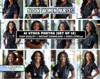 12 Black Female Nurse Art Stock Photos, Commercial Use, African American Professional Medical Portrait Stock Images Photography, Marketing