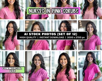 12 Female Nurse in Pink Scrubs Art Stock Photos, Professional Healthcare Portrait Images Photography, Commercial Use, Medical Model, Scrubs