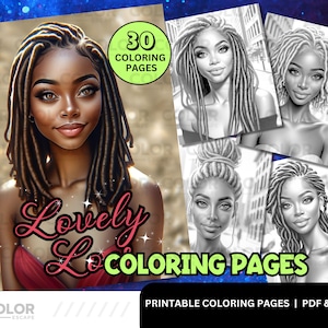 Black Women Locs Coloring Pages | African American Dreadlocks Hairstyle | Printable Adult Coloring Book | Download Grayscale Illustration