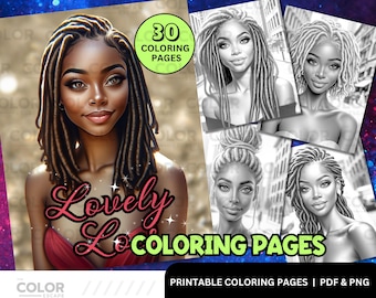 Black Women Locs Coloring Pages | African American Dreadlocks Hairstyle | Printable Adult Coloring Book | Download Grayscale Illustration