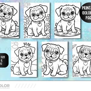 Pu&ograve; includere: Pagine da colorare stampabili in bianco e nero con adorabili cuccioli di carlino. Ogni carlino ha un collare a forma di cuore ed &egrave; ambientato su vari sfondi, tra cui fiori e cuscini. Il testo "Printable Coloring Pages" &egrave; visibile.