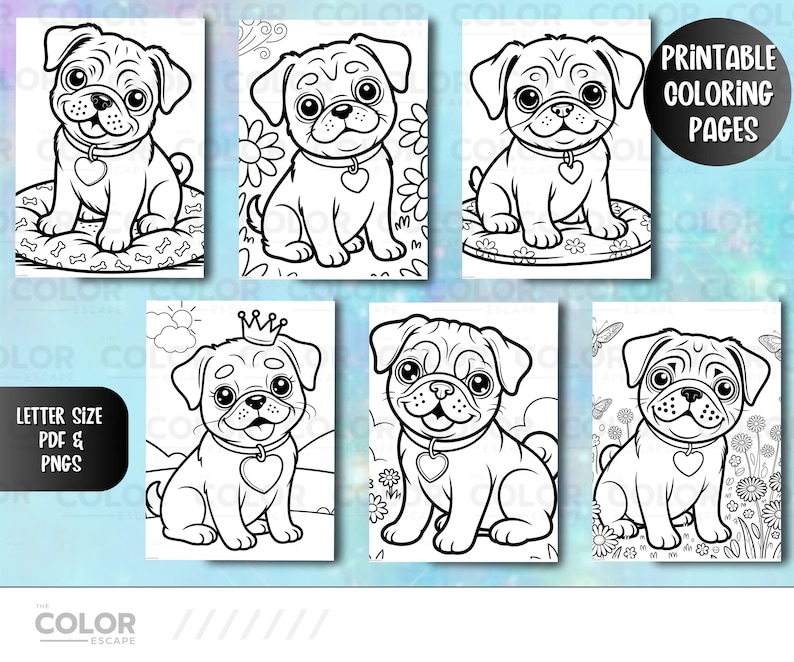 Pu&ograve; includere: Pagine da colorare stampabili in bianco e nero con adorabili cuccioli di carlino. Ogni carlino ha un collare a forma di cuore ed &egrave; ambientato su vari sfondi, tra cui fiori e cuscini. Il testo "Printable Coloring Pages" &egrave; visibile.