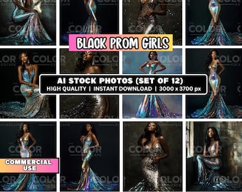 12 Stunning Black Prom Girls Stock Photos, Commercial Use, Formal Prom Dress Mermaid Gown Stock Images Photography, Model Marketing