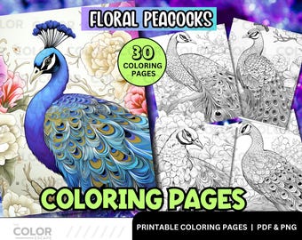 Pagina da colorare digitale con pavoni floreali da scaricare - Elegante, maestoso, dettagliato, piume e fiori, illustrazioni di uccelli da colorare