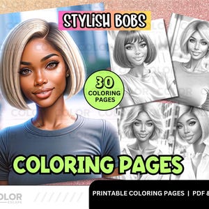 Black Women Hair Coloring Pages | African-American Woman Hairstyles | Printable Coloring Pages Download | Short Bob Medium Haircut