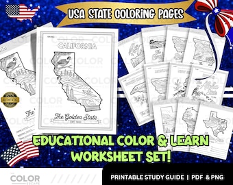 USA States Digital Coloring Pages | Printable U.S. Geography Activity Sheets | Learn States & Capitals Print Educational Homeschool Resource