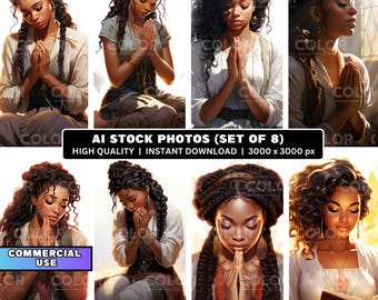 Digital Stock Illustration - Black Women Praying, Graceful Prayer Art Portrait Photos, Commercial Use, Stock Images for Creative Projects