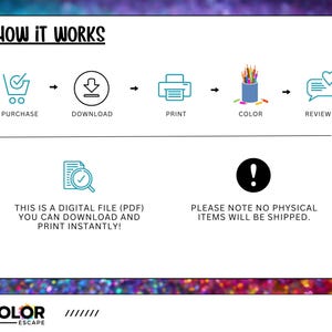 May include: White graphic with the text "HOW IT WORKS" and a step-by-step guide: purchase, download, print, color, and review. Includes the text "THIS IS A DIGITAL FILE (PDF) YOU CAN DOWNLOAD AND PRINT INSTANTLY!" and "PLEASE NOTE NO PHYSICAL ITEMS WILL BE SHIPPED."