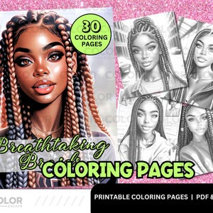 Black Women Braids Coloring Pages | African American Braid Hairstyles | Printable Adult Coloring Book | Download Grayscale Illustration