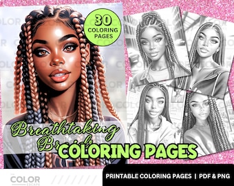 Black Women Braids Coloring Pages | African American Braid Hairstyles | Printable Adult Coloring Book | Download Grayscale Illustration