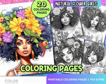 Pagine da colorare di ragazze nere / Ritratto botanico di ragazze afroamericane / Pagine da colorare per adulti stampabili da scaricare Illustrazione in scala di grigi