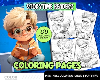 May include: A digital illustration of a young child with blonde hair and glasses reading a book, with the text "STORYTIME READERS" and "COLORING PAGES". The image also includes a circle with the text "30 COLORING PAGES" and the words "PRINTABLE COLORING PAGES | PDF & PNG".