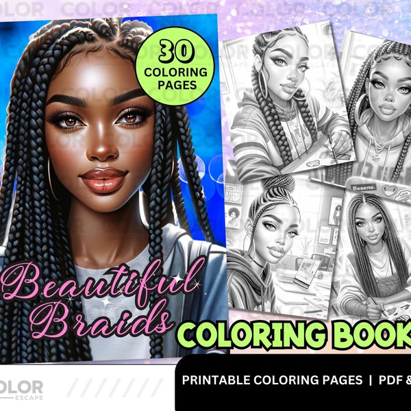 Black Women Braids Coloring Pages | African American Braid Hairstyles | Printable Adult Coloring Pages | Download Grayscale Illustration