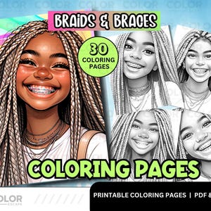 Black Girl Coloring Pages | Cute African-American Girls | Curly Afro Natural Hair Printable Coloring | Black Girl Braids | Girls with Braces