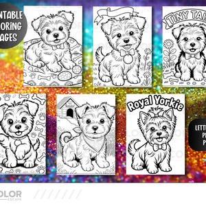 May include: A collection of printable coloring pages featuring adorable Yorkshire Terrier puppies in various poses. Each page is black and white, ready for coloring, with text that reads "Printable Coloring Pages", "Tiny Tails", and "Royal Yorkie".