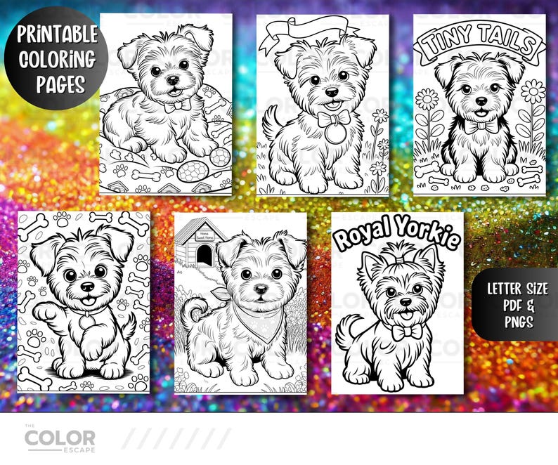 May include: A collection of printable coloring pages featuring adorable Yorkshire Terrier puppies in various poses. Each page is black and white, ready for coloring, with text that reads "Printable Coloring Pages", "Tiny Tails", and "Royal Yorkie".