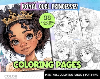 Página para colorear de una joven princesa negra / Rizos reales con corona de cabello natural / Retrato de un castillo de cuento de hadas para niños y adultos. Descarga digital.