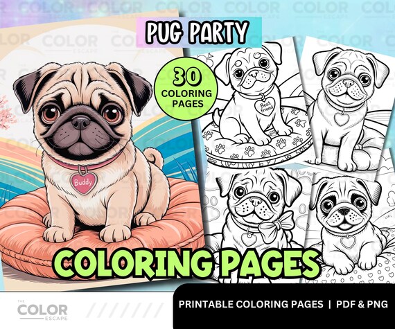 Cute Pug Printable Coloring Pages | Adorable Fun Puppy Coloring Sheets | Kawaii Pug Dog Animal Coloring Print Art | Kids Activity