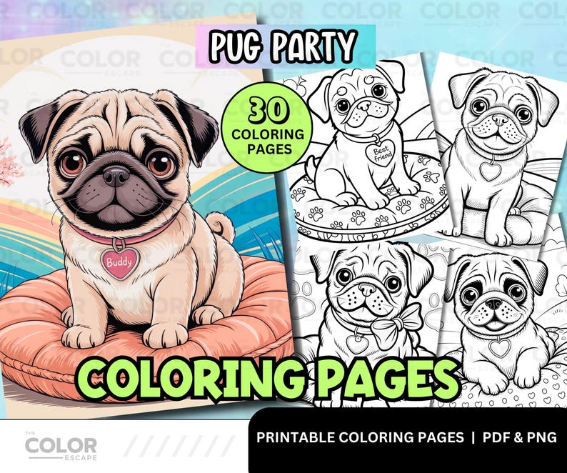 Pu&ograve; includere: Un download digitale con un libro da colorare a tema carlino. La copertina mostra un carlino marrone chiaro con un collare rosa e un'etichetta a forma di cuore con la scritta "Buddy". Le parole "Pug Party" e "Coloring Pages" sono visualizzate, insieme al testo "30 Coloring Pages".