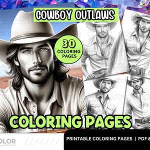 Cowboys Coloring Pages | Handsome Men Western Coloring Book | Printable Adult Coloring Pages | Download Grayscale Illustration