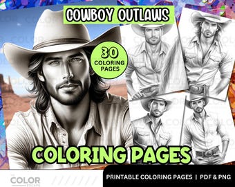 Cowboys Coloring Pages | Handsome Men Western Coloring Book | Printable Adult Coloring Pages | Download Grayscale Illustration