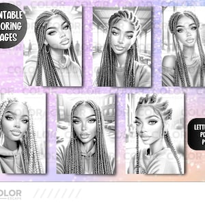 May include: Five black and white coloring pages featuring women with braided hair. The text "Printable Coloring Pages" is at the top of the image. The text "Letter Size PDF & PNGs" is at the bottom right of the image.