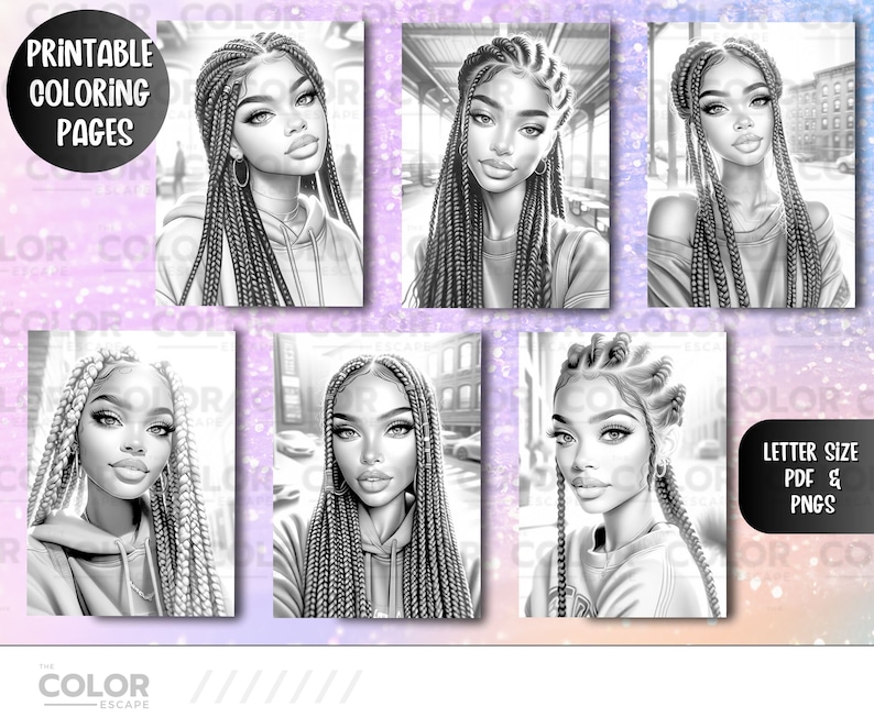 May include: Five black and white coloring pages featuring women with braided hair. The text "Printable Coloring Pages" is at the top of the image. The text "Letter Size PDF & PNGs" is at the bottom right of the image.