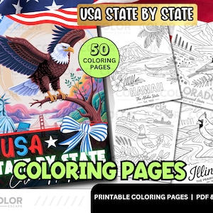 USA States Digital Coloring Pages – All 50 - United States Nature State Birds Nicknames & Scenery - Educational History Line Art Color Set