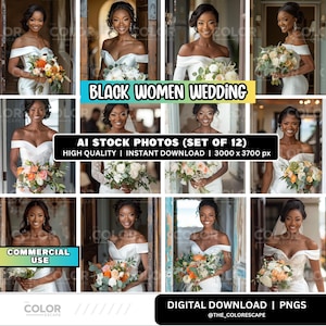 12 Elegant African-American Black Bride Art Stock Photos, Commercial Use, Wedding Gown & Bouquet Stock Images Photography, Model Marketing
