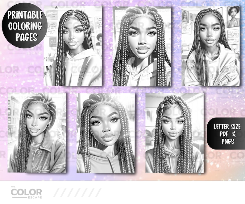 May include: Five black and white coloring pages featuring a young woman with long braids. The woman is wearing a hoodie and has a variety of expressions on her face. The text "Printable Coloring Pages" is at the top of the image. The text "Letter Size PDF & PNGs" is at the bottom of the image.