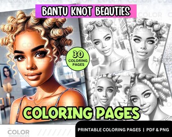 Páginas para colorear de nudos bantú de mujeres negras / Páginas para colorear imprimibles de cabello natural de mujeres afroamericanas / Ilustraciones en escala de grises