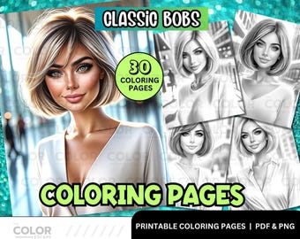 Women Bob Hairstyle Coloring Pages | Classic Haircut Coloring | Beautiful Women Coloring | Printable Coloring Book Pages | Illustrations