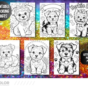 May include: Printable coloring pages featuring adorable Yorkshire Terrier puppies. Each page showcases a different puppy illustration with playful details like bows, bow ties, and paw prints. The pages are letter size and available in PDF and PNG formats.