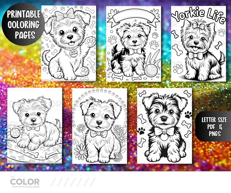 May include: Printable coloring pages featuring adorable Yorkshire Terrier puppies. Each page showcases a different puppy illustration with playful details like bows, bow ties, and paw prints. The pages are letter size and available in PDF and PNG formats.