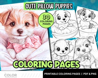 Página para colorear digital de un lindo cachorro - Adorables perros sobre almohadas / Libro para colorear imprimible y divertido para niños y adultos / Dibujos para colorear para amantes de las mascotas