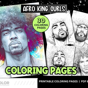 Op de afbeelding: Een verzameling afdrukbare kleurplaten met portretten van mannen met afro-kapsels. De pagina's zijn gelabeld met "AFRO KING CURLS" en "COLORING PAGES". De afbeelding bevat een cirkelvormige afbeelding met "30 COLORING PAGES".