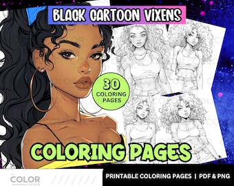 Black Cartoon Vixens Coloring Pages | Gorgeous African-American Woman Printable Coloring Book Download | Grayscale Illustrations |