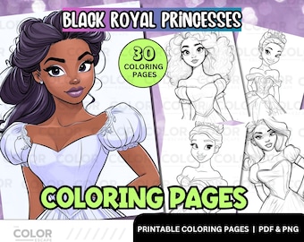 Beautiful Black Princess Coloring Pages | African American Girl Royalty Gowns | Printable Adult Coloring Digital Download for Kids & Adults