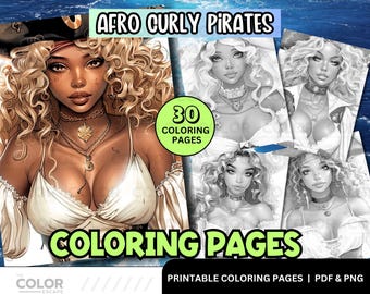 Black Pirate Women Coloring Pages | African-American Women with Afro Curls | Printable Coloring Pages Download | Grayscale Illustrations