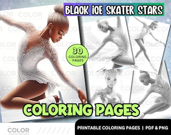 Black Ice Skaters Coloring Pages | African American Woman Figure Skaters | Printable Adult Coloring Book | Download Grayscale Illustration