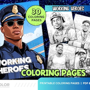 Black Hard-Working Men Coloring Pages | African-American Men Career Hero Portraits | Printable Adult Download Grayscale Illustration Jobs