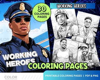Black Hard-Working Men Coloring Pages | African-American Men Career Hero Portraits | Printable Adult Download Grayscale Illustration Jobs