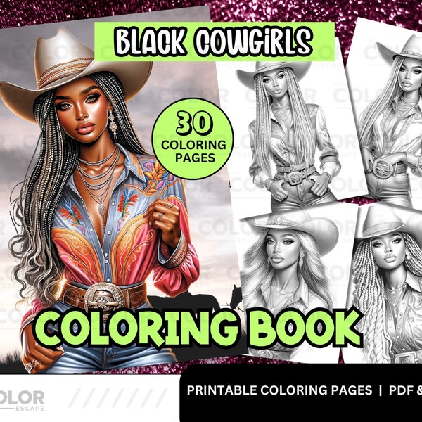 Black Women CowGirls Coloring Pages | Western African-American Woman Printable Coloring Pages Download | Grayscale Illustrations