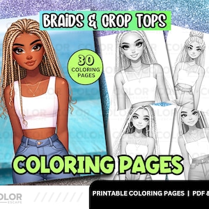 Black Girl Coloring Pages | African American Women with Braids | Printable Adult Coloring Book Download Grayscale Illustration